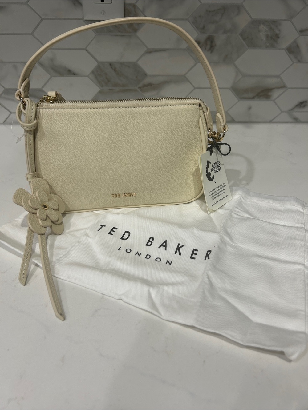 Ted Baker Cream Pebbled Leather Handbag with Flower Charm